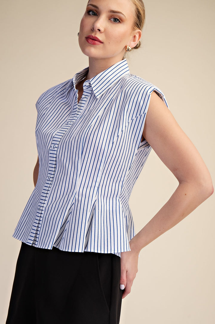 Sleeveless Button Down Pintuck Shirt