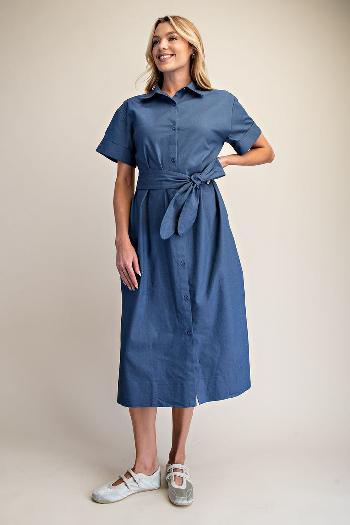 Collar Neck Button Down Shirt Waist Tie Midi Dress