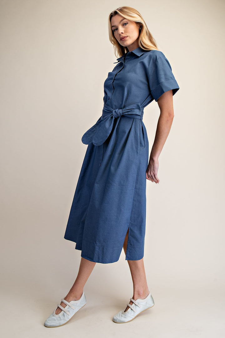 Collar Neck Button Down Shirt Waist Tie Midi Dress