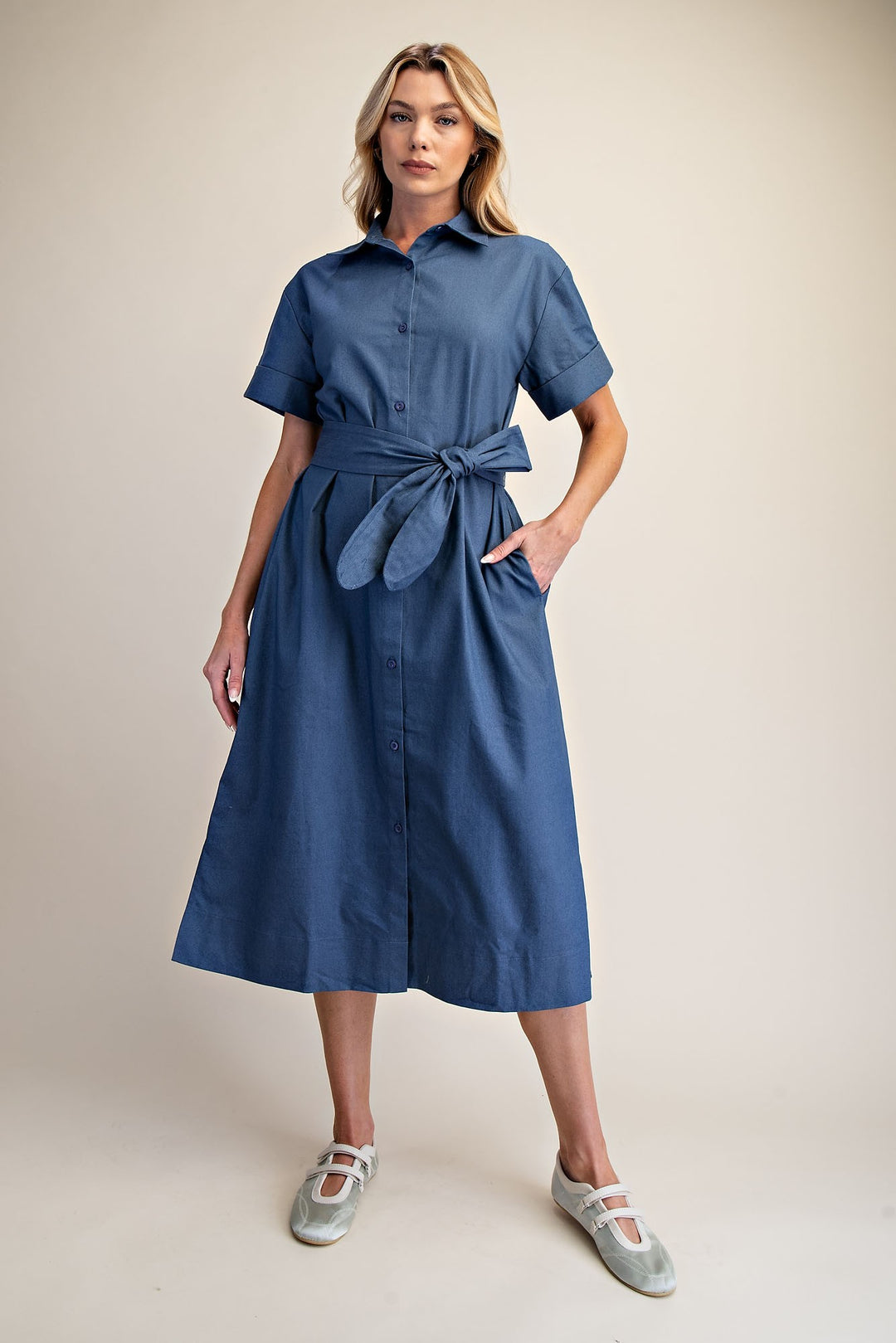 Collar Neck Button Down Shirt Waist Tie Midi Dress