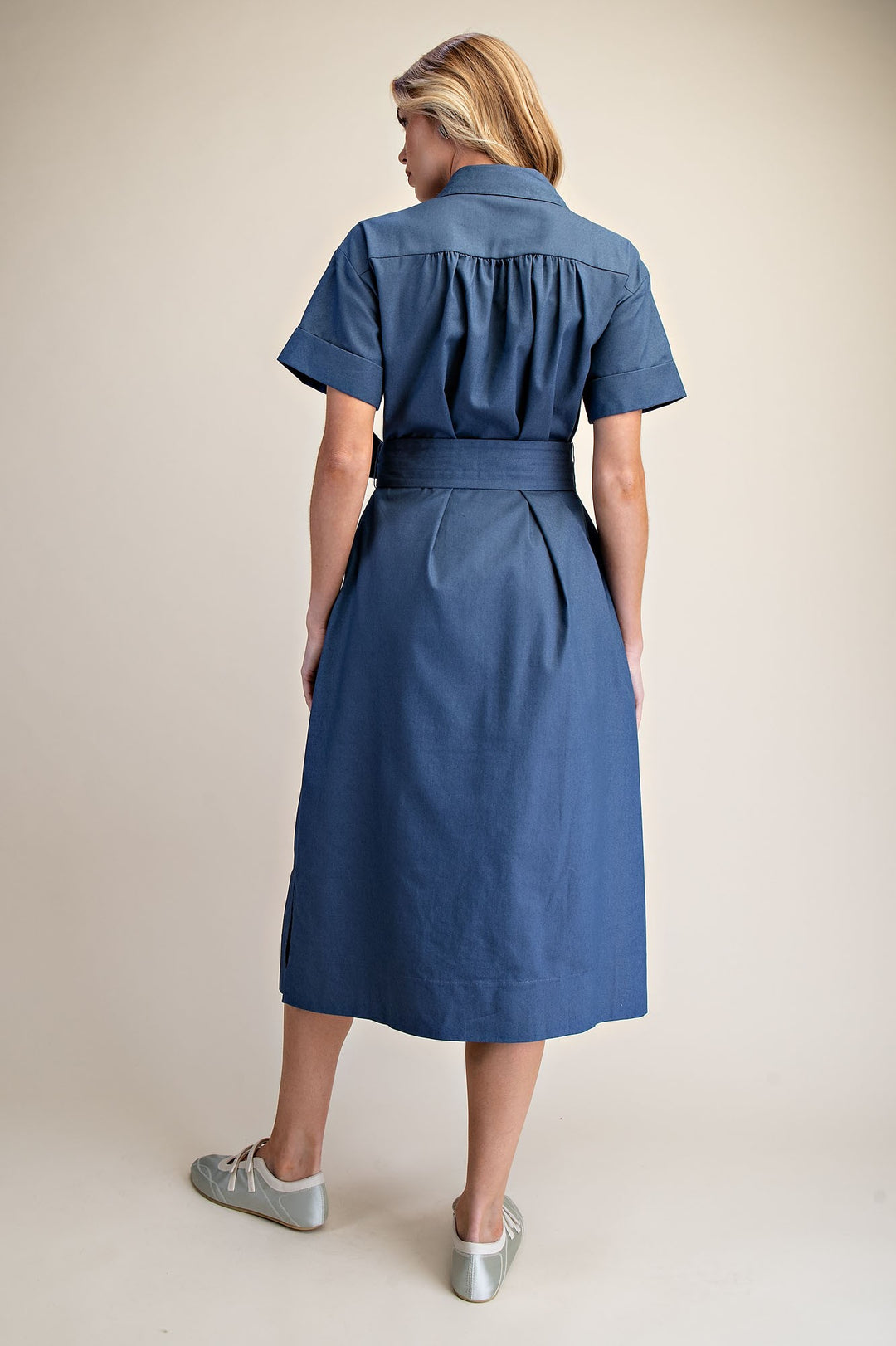 Collar Neck Button Down Shirt Waist Tie Midi Dress