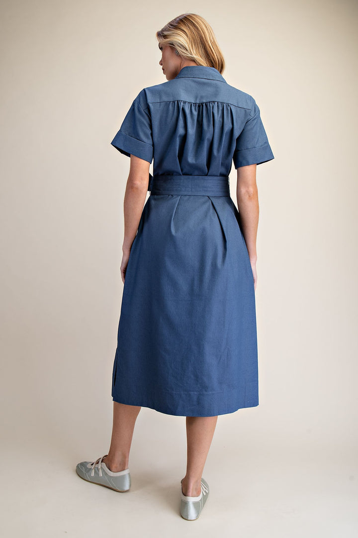 Collar Neck Button Down Shirt Waist Tie Midi Dress