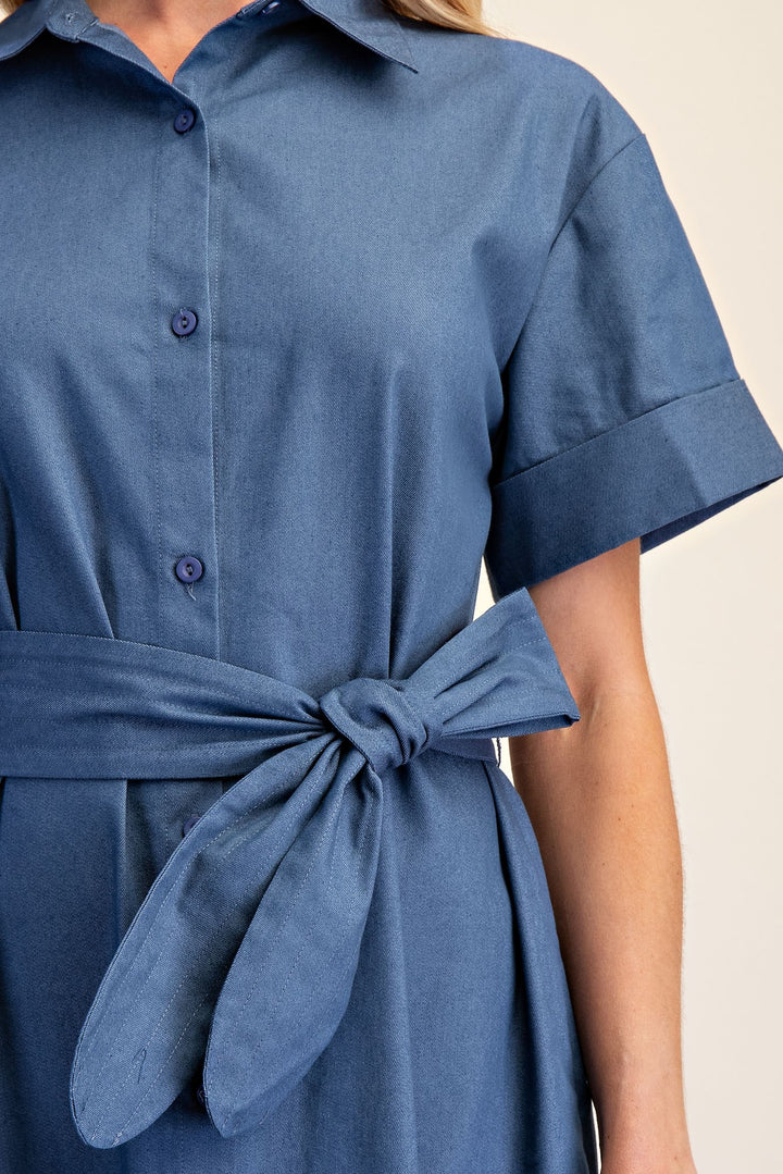Collar Neck Button Down Shirt Waist Tie Midi Dress