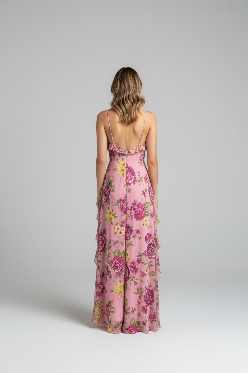 RUFFLE DETAIL THIN STRAP MAXI DRESS