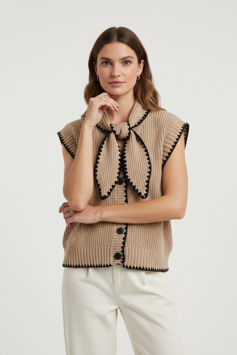 BUTTON UP SWEATER VEST WITH TIE COLLAR DETAIL