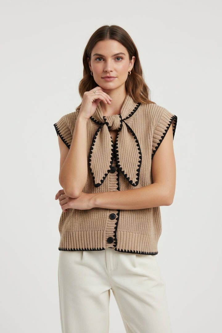 BUTTON UP SWEATER VEST WITH TIE COLLAR DETAIL