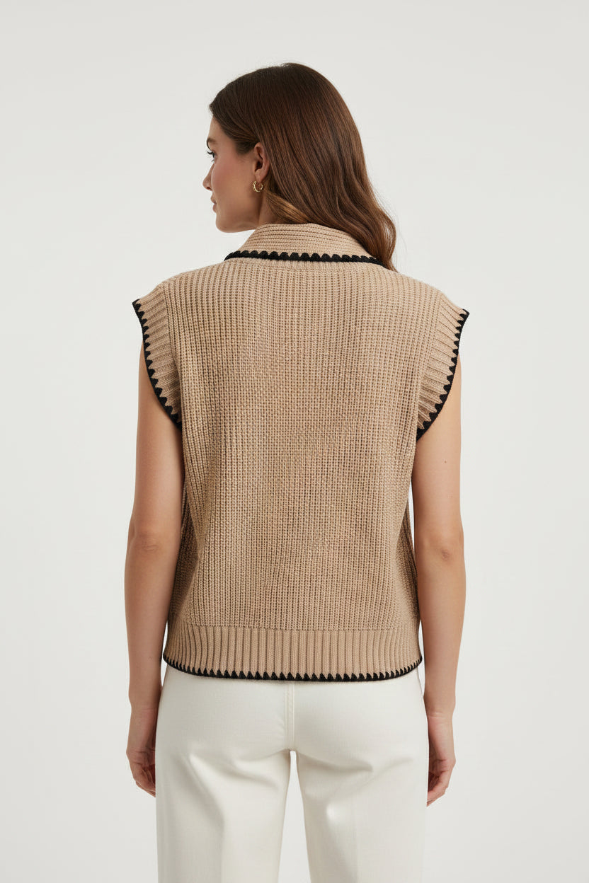 BUTTON UP SWEATER VEST WITH TIE COLLAR DETAIL