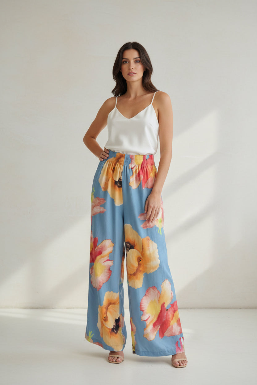 HIGH WAIST RUFFLE WAIST FLOWER WIDE PANTS
