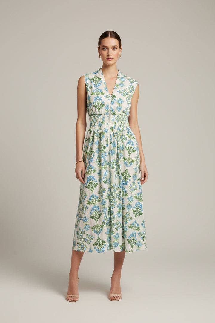 DROP SHOULDER SMOCKED WAIST FRONT ZIP PRINTED MIDI DRESS WITH POCKETS