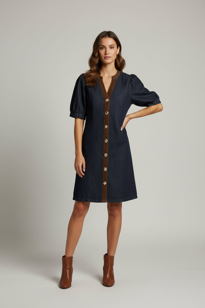 CORDUROY AND DENIM GOLD BUTTON DRESS