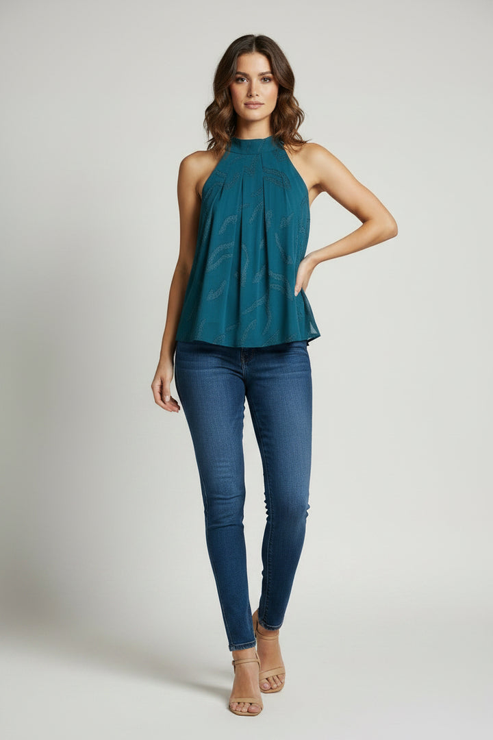 JACQUARD TOP WITH HALTER NECKLINE AND BACK NECK TIE CLOSURE