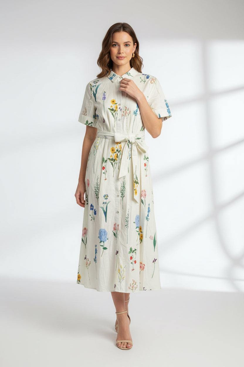 COLLARED BUTTON DOWN BELTED FLORAL MIDI DRESS