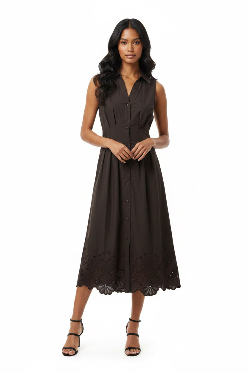 MIDI DRESS WITH EYELET DETAIL AT SKIRT BOTTOM