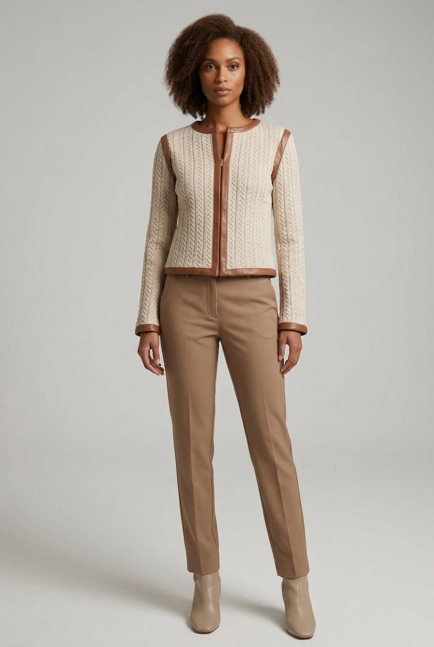FAUX LEATHER TRIM CABLE KNIT JACKET