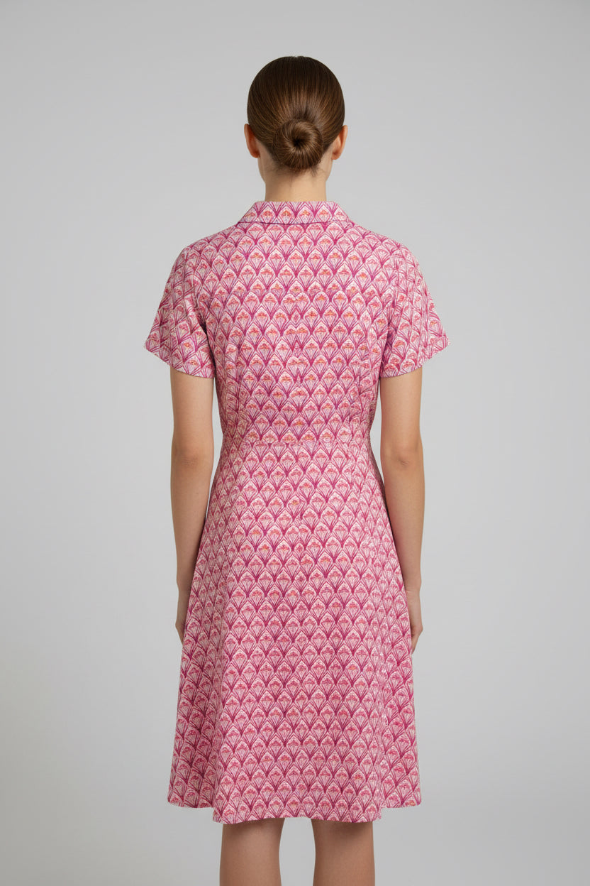 COLLAR NECK FRONT TWIST TIE FLOWER PRINT SHIRT DRESS