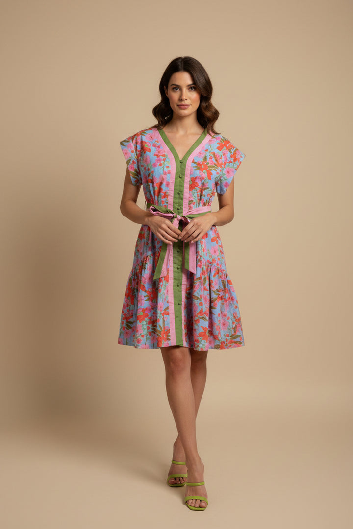 BELTED FLORAL DRESS WITH STRIPED BELT