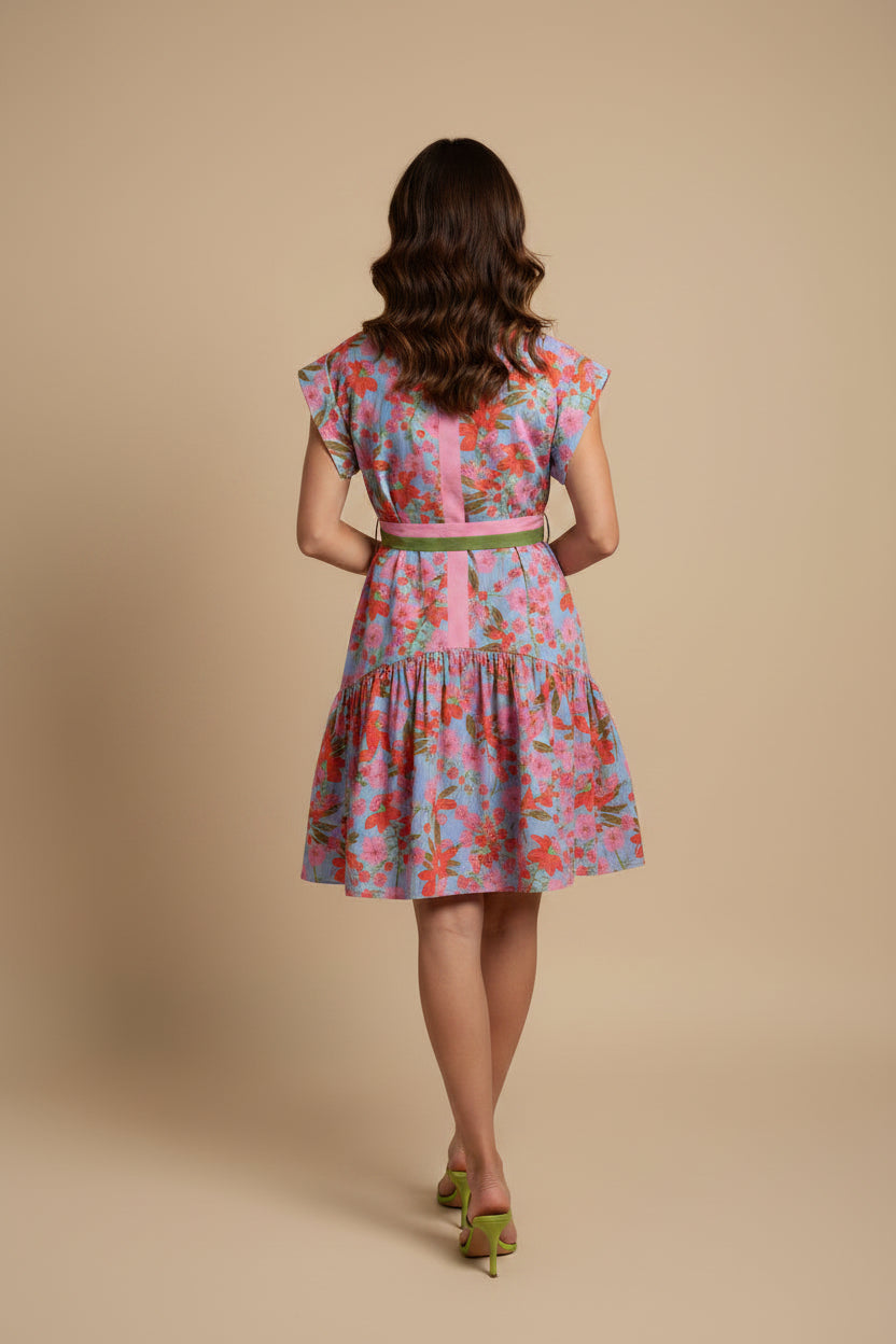 BELTED FLORAL DRESS WITH STRIPED BELT