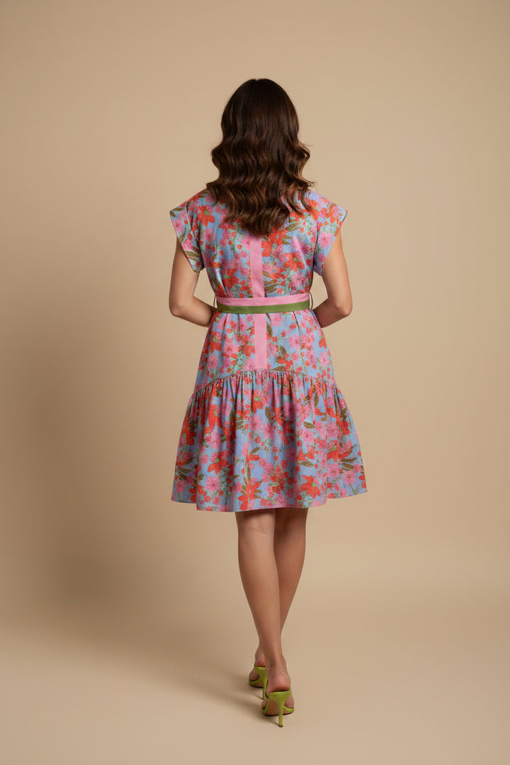 BELTED FLORAL DRESS WITH STRIPED BELT