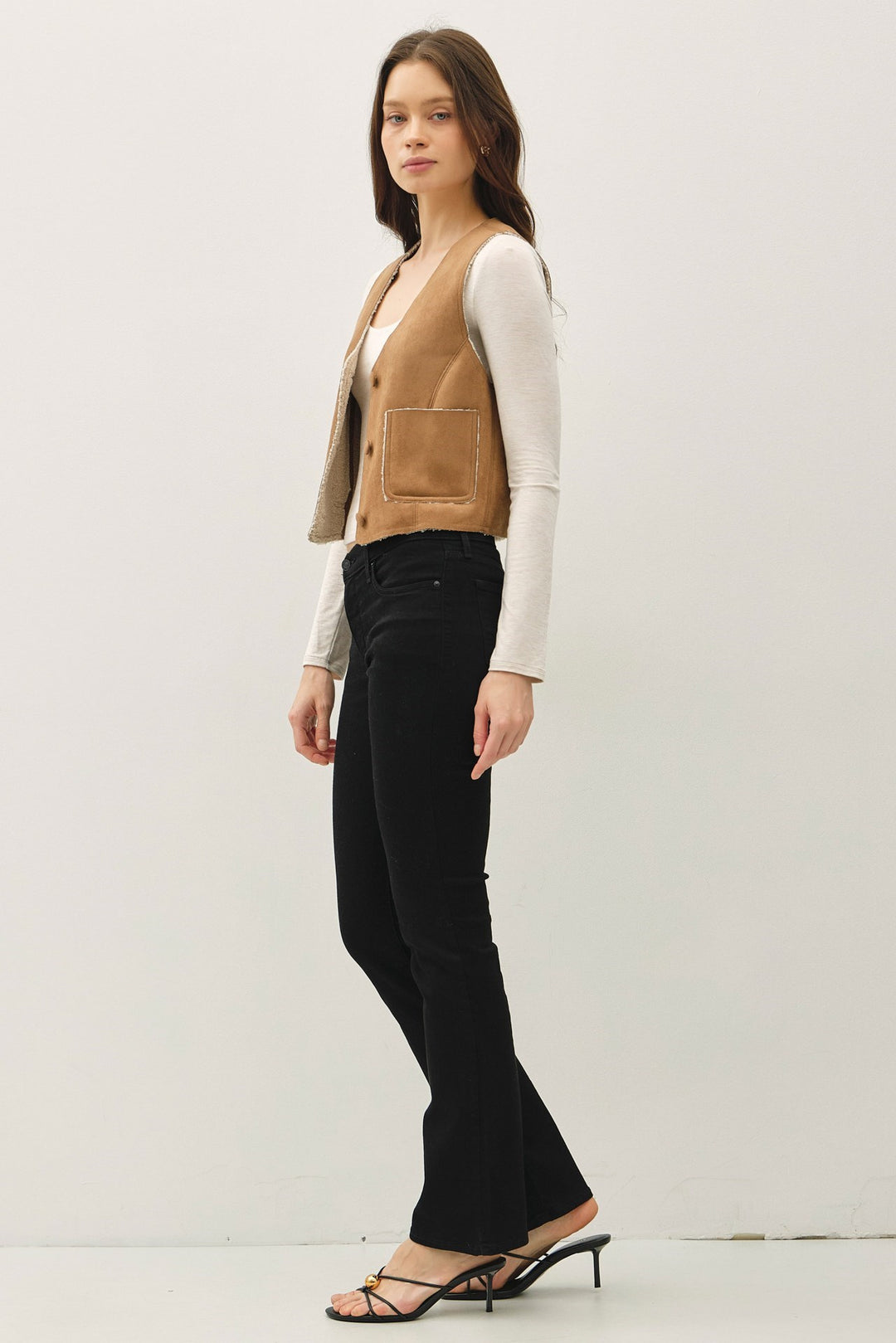 Sherpa Lined Button up V-Neck Vest with Pockets