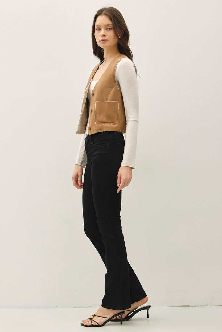 Sherpa Lined Button up V-Neck Vest with Pockets
