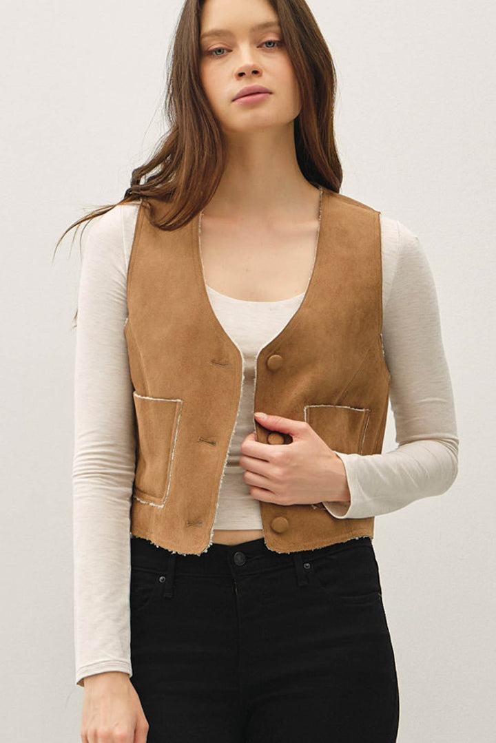 Sherpa Lined Button up V-Neck Vest with Pockets