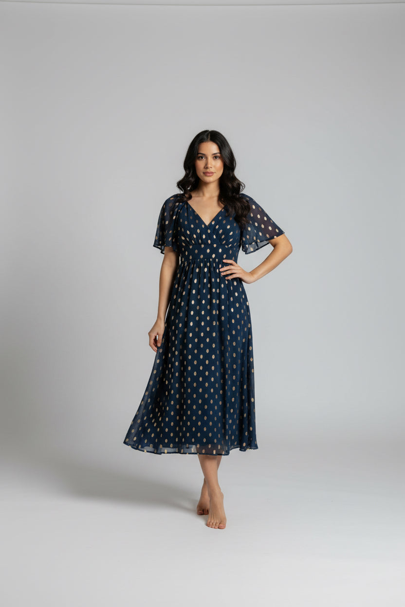 FOIL PRINT MIDI DRESS