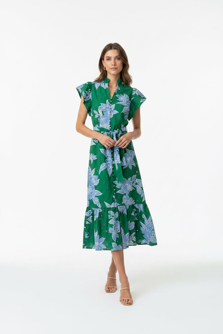 FLUTTER SLEEVE BELTED 1/4 BUTTON MIDI DRESS