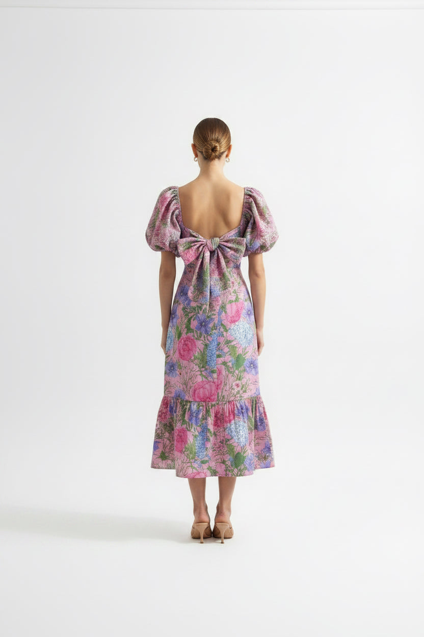 PUFF SLEEVE PINK FLORAL MIDI DRESS