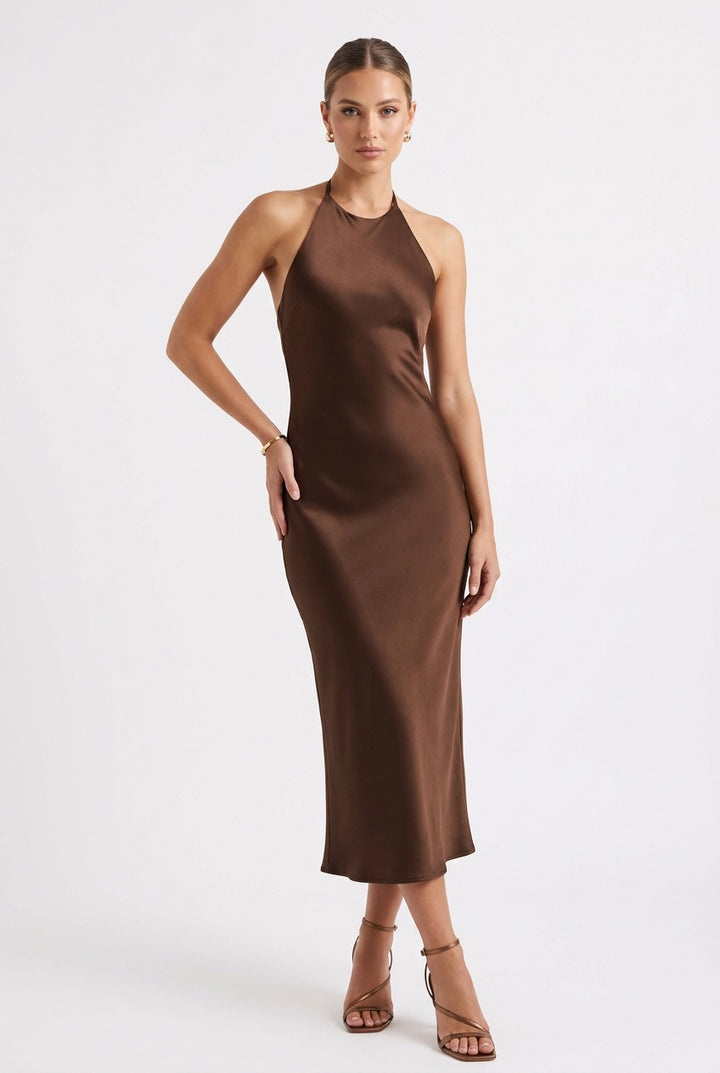 SATIN HALTER BIAS CUT MIDI SLIP DRESS