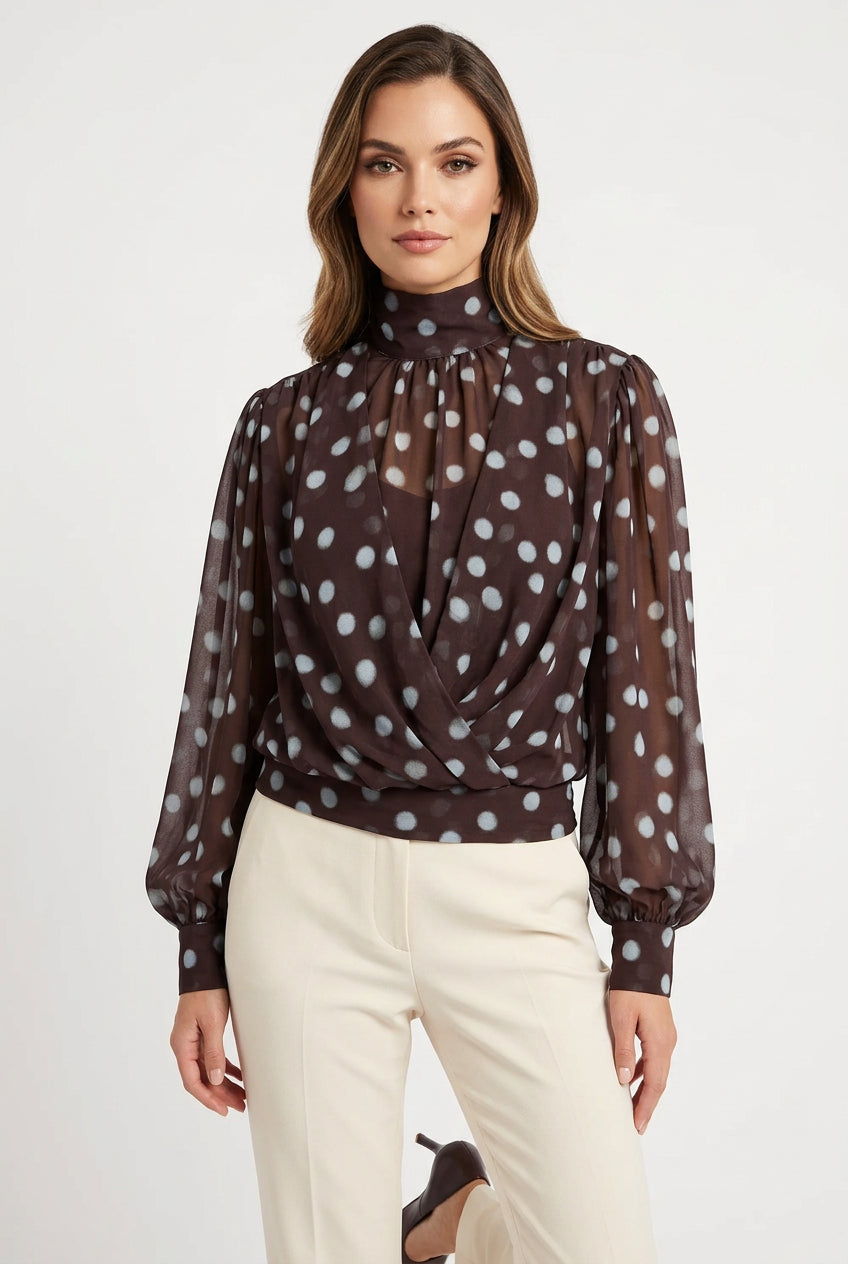 POLKA DOT SHEER LONG SLEEVE TIE BACK TOP