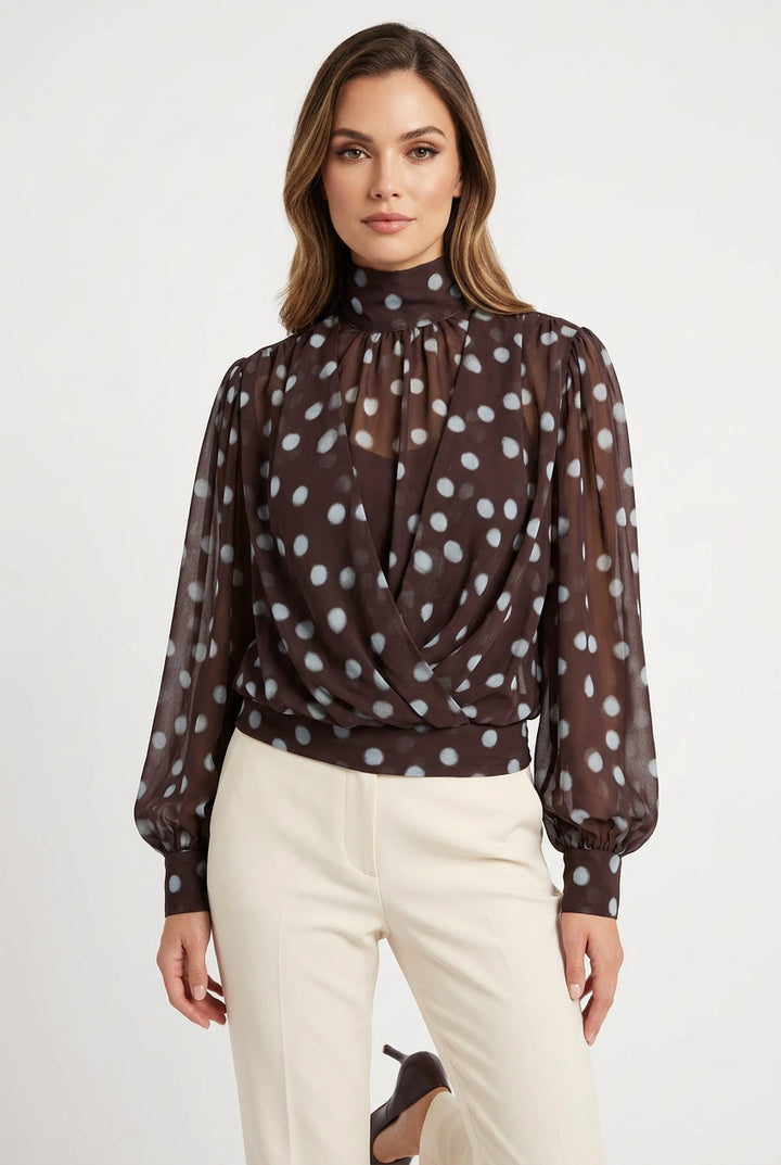 POLKA DOT SHEER LONG SLEEVE TIE BACK TOP