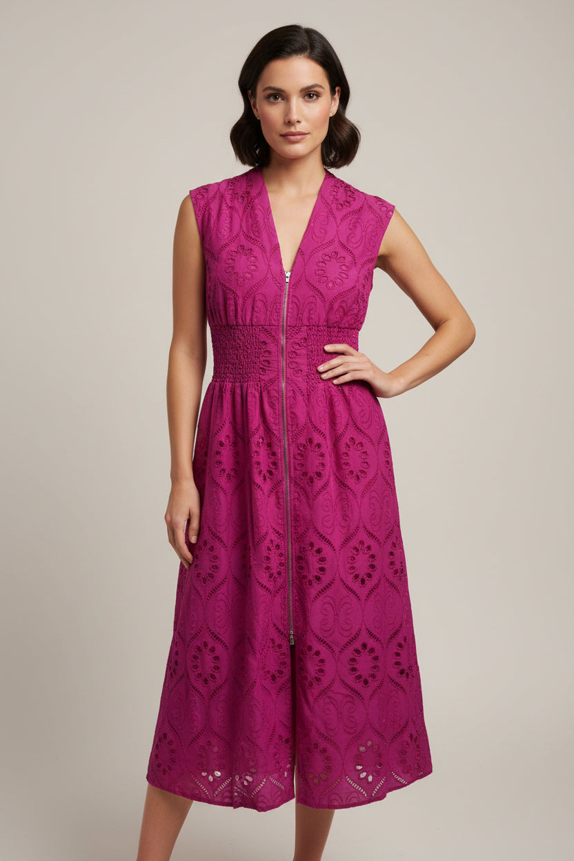 FRONT ZIP EYELET LACE MIDI DRESS