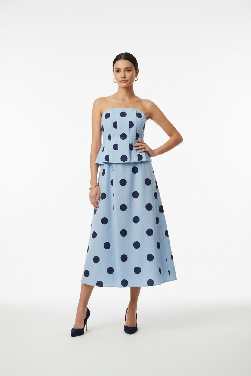 PLEATED BODICE POLKA DOT MIDI DRESS