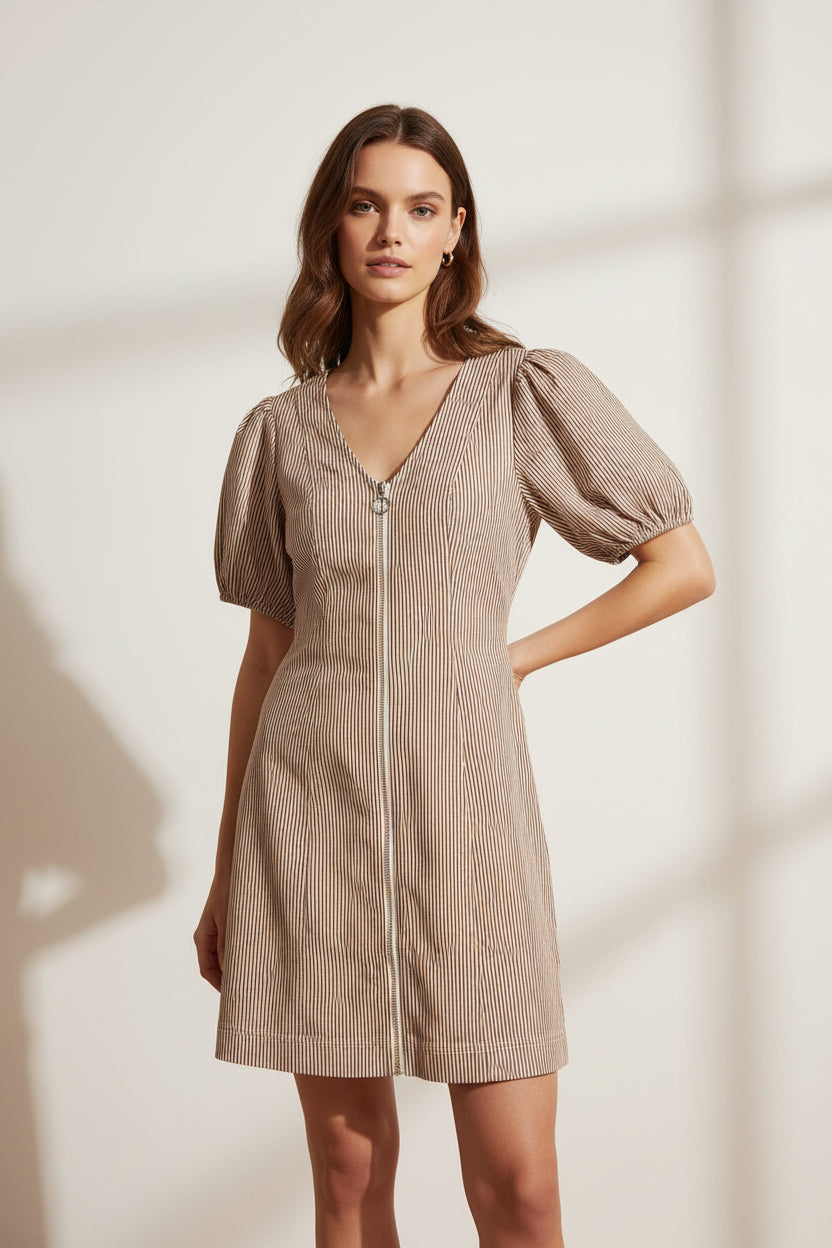 DENIM PUFF SLEEVE STRIPED MINI DRESS – Copper Penny Savannah