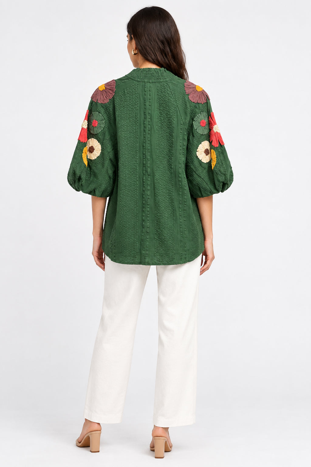 RUFFLED NECK FLOWER SLEEVES TOP