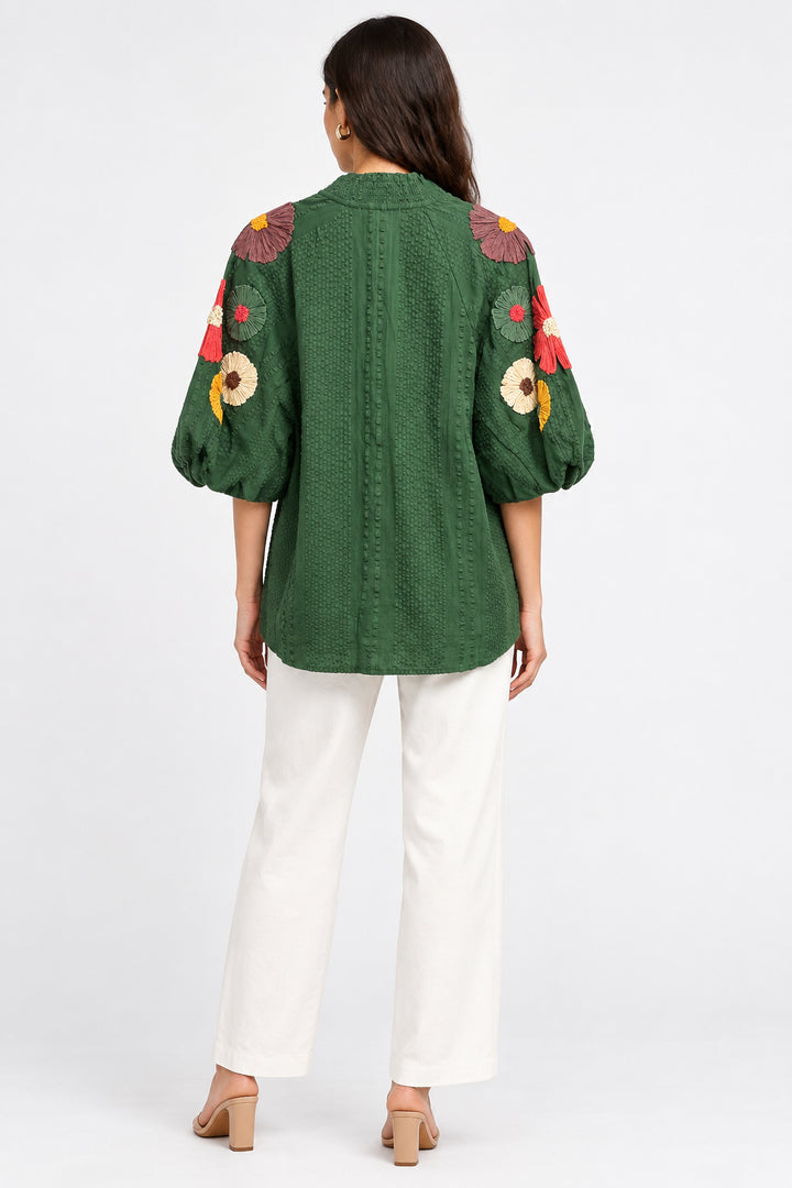RUFFLED NECK FLOWER SLEEVES TOP