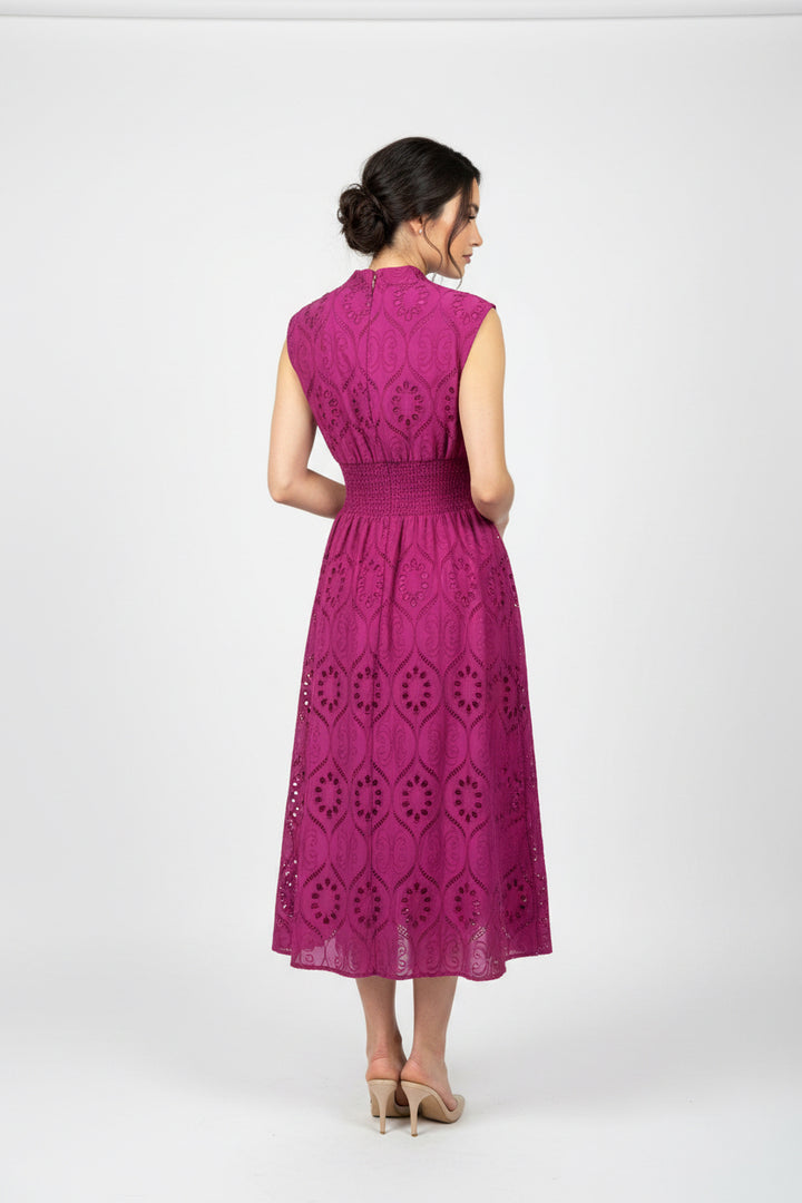 FRONT ZIP EYELET LACE MIDI DRESS