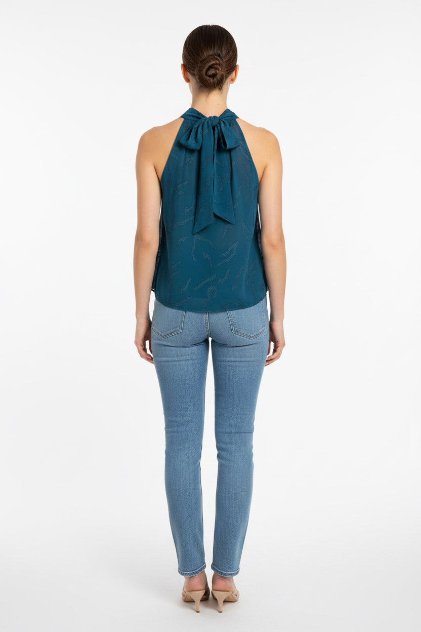 JACQUARD TOP WITH HALTER NECKLINE AND BACK NECK TIE CLOSURE