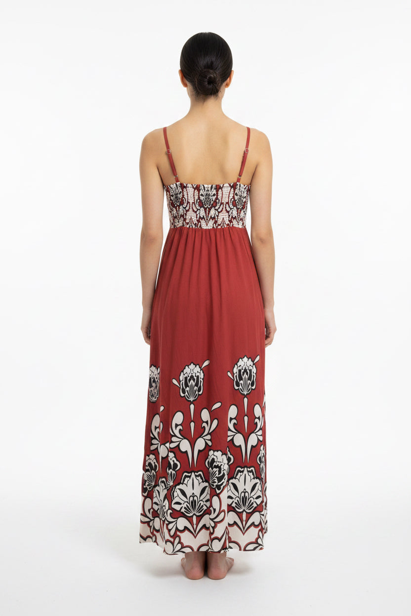 SPAGETTI STRAP WITH PLEATED BODICE MIDI DRESS