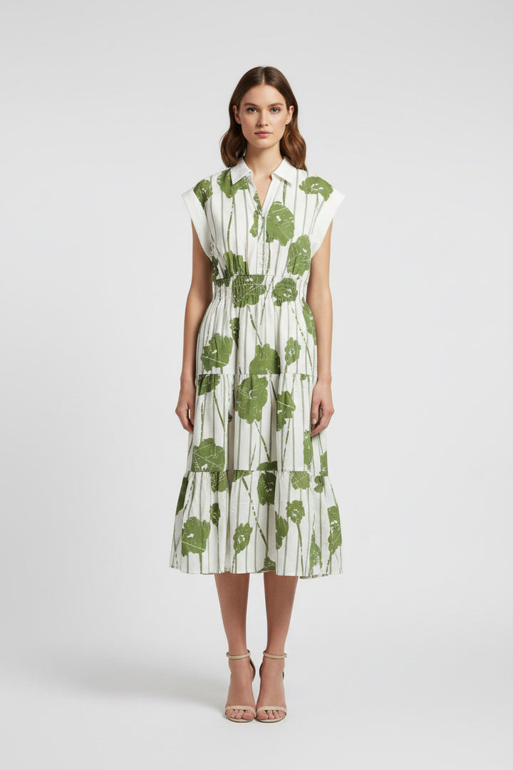 SHORT SLEEVE PATTERN DETAIL COLLARED DRESS