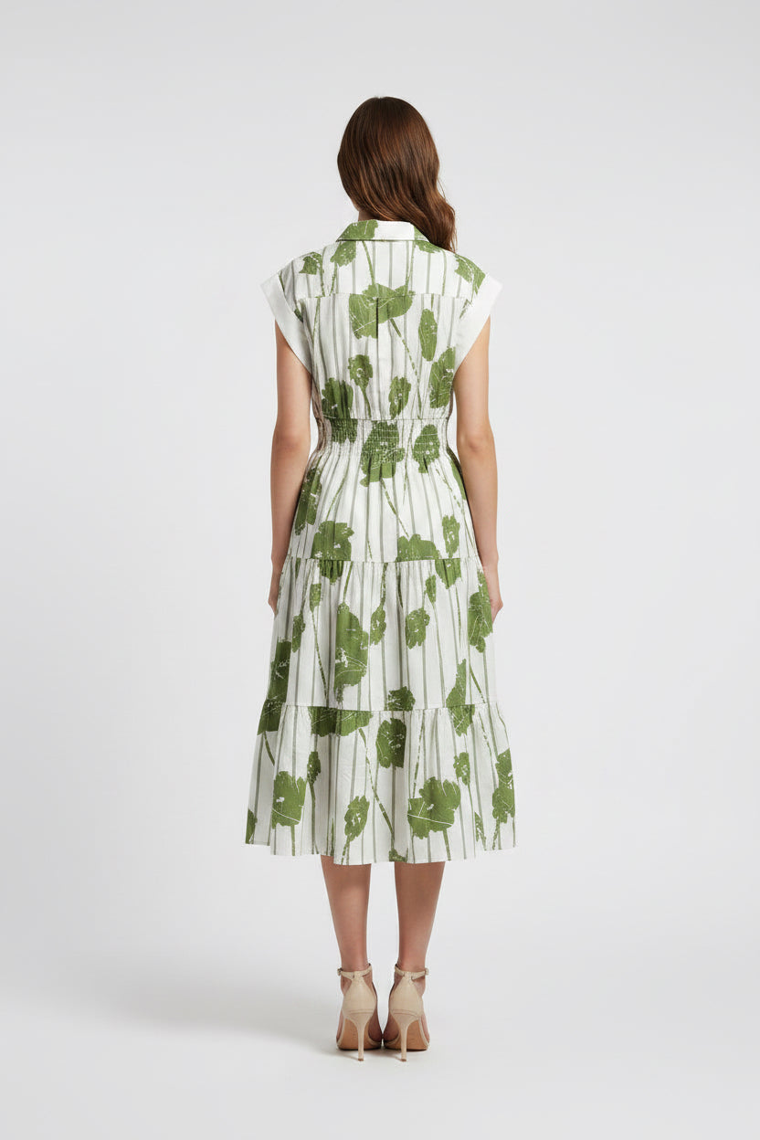 SHORT SLEEVE PATTERN DETAIL COLLARED DRESS