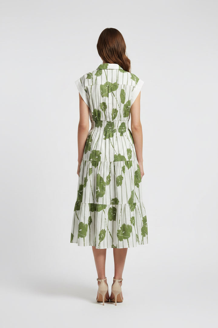 SHORT SLEEVE PATTERN DETAIL COLLARED DRESS