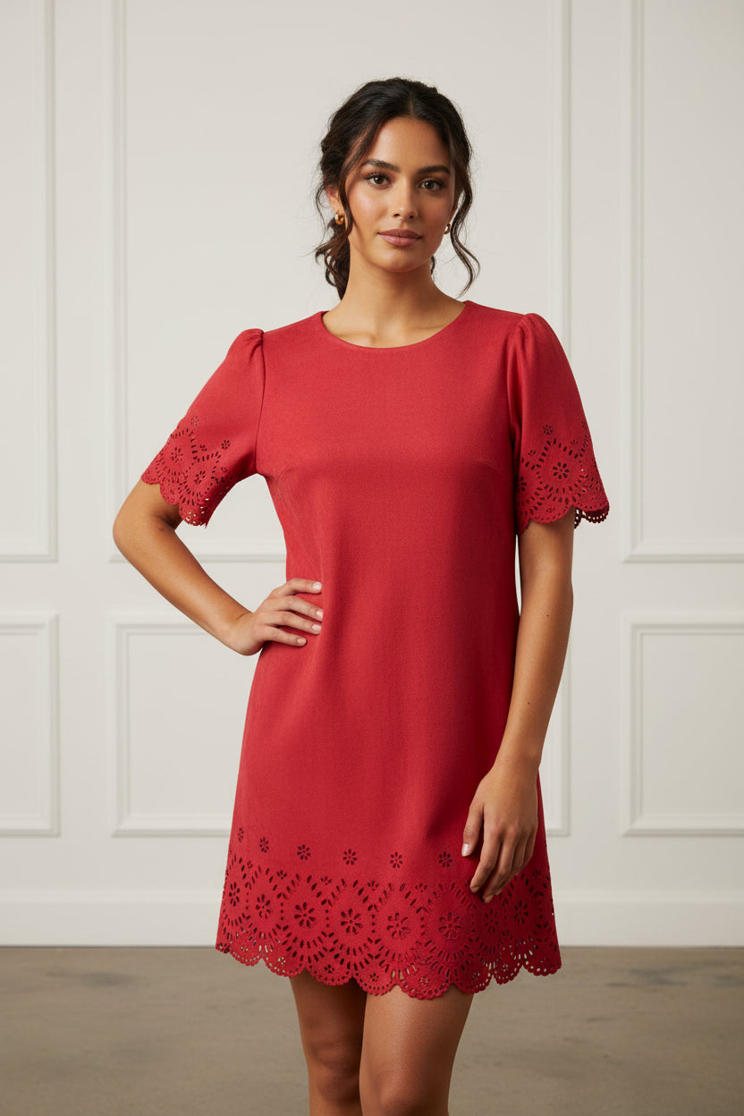 FLORAL EYELET FAUZ SUEDE A-LINE MINI DRESS