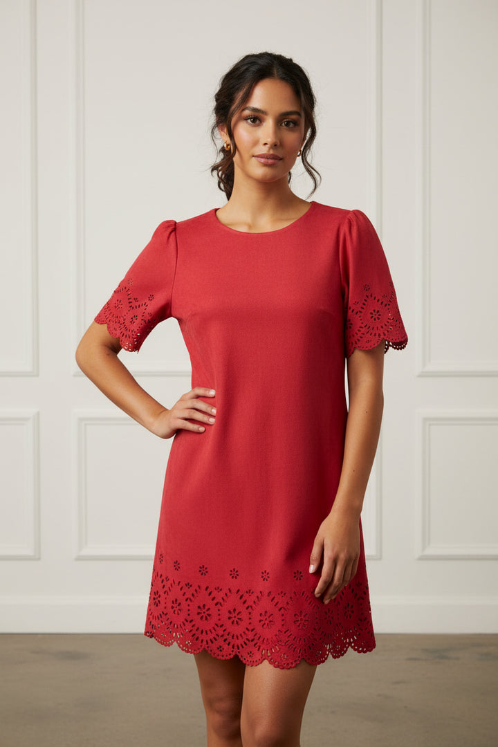 FLORAL EYELET FAUZ SUEDE A-LINE MINI DRESS