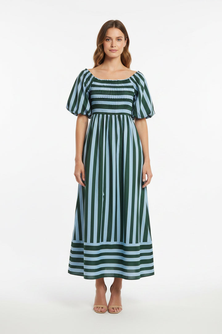SMOCKED TOP, BUBBLE SLEEVE MIDI DRESS