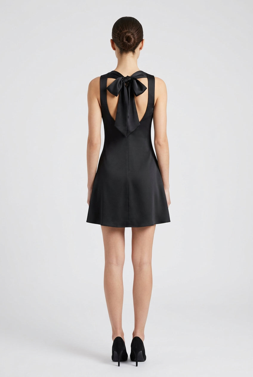 COWL NECK BACK OPEN ATTACHED SCARF FITTED SATIN MINI DRESS