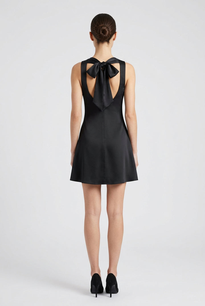 COWL NECK BACK OPEN ATTACHED SCARF FITTED SATIN MINI DRESS