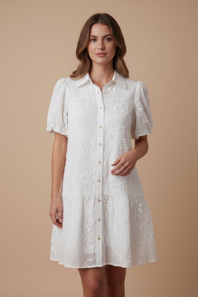 MONOCHROME FLORAL DETAIL COLLAR DRESS WITH PUFF SLEEVE