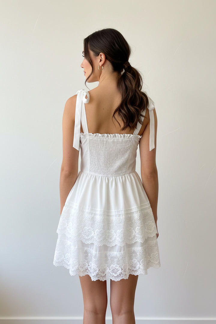 SHOULDER TIE MINI LACE DRESS