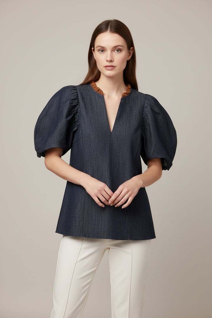 PUFF SLEEVE DENIM TOP